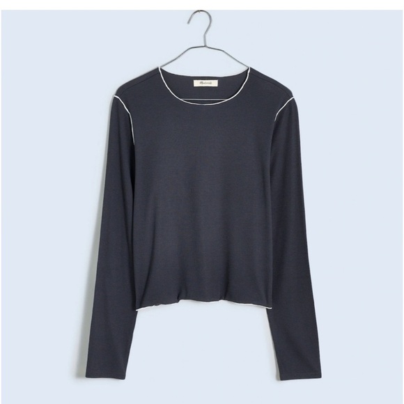 New Madewell Contrast Stitched Crewneck Crop Lightweight Tee Shirt Black Coal M - Picture 5 of 11